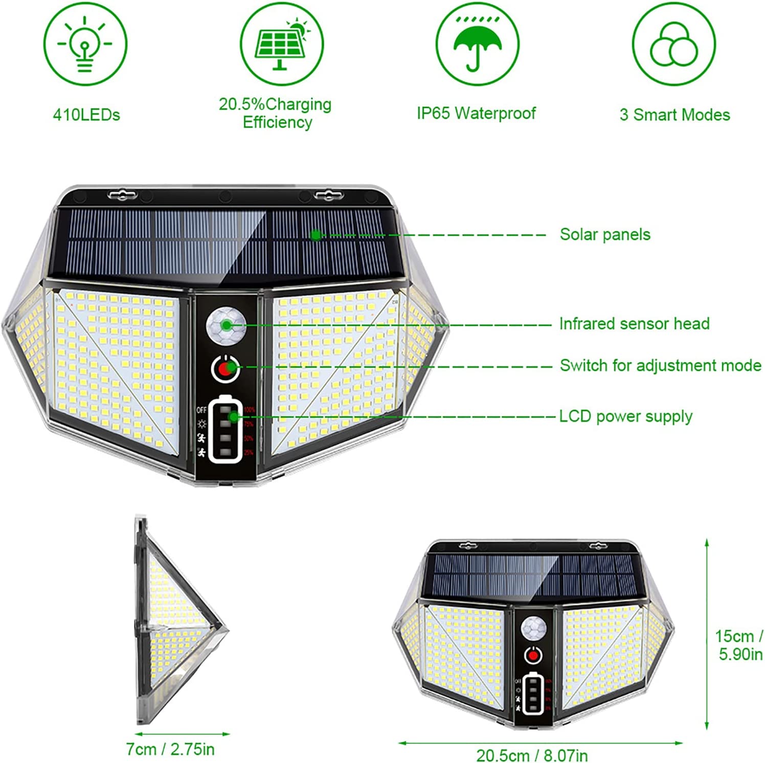 WallMega™- 410 LED solcellslampa för staket