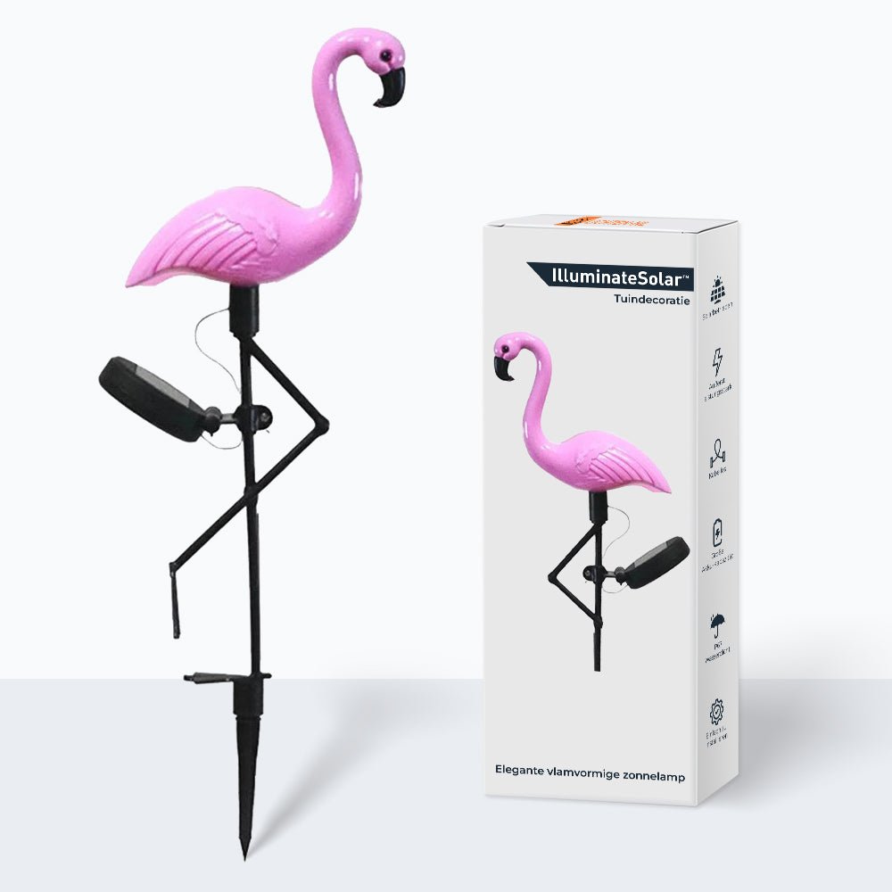 FlamingoGlow - solcellsdriven LED-lampa med flamingo på gräsmattan